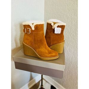FRANCO SARTO Ulayna Water Resistant Suede Fleece Wedge Bootie, Brown,‎ 10, NWT